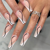 Pastel Pink and White Swirl Medium Coffin Summer Fake Press-On Nails