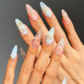 Pink & Blue Medium Almond Embossed Art Seashell Starfish Pearl Embellishment Press on Nails