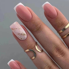 Pink Medium Square French Tip Marble Pattern Press on Nails