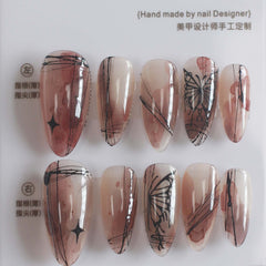 Vibeficant Progel Halo Dyeing Handmade Gel Press on Nails Medium Almond French Tip with Butterfly Swirl Design