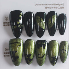 Green Cat Eye Handmade Gel Press on Nails Medium Almond Black Cat with Glitter Design