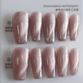 Vibeficant Progel Pink Cat Eye Handmade Gel Press on Nails Medium Coffin Glitter French Tip Design