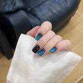 Vibeficant Glaze Blue Cat Eye Press on Nails Short Square