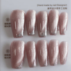 Vibeficant Progel Pink Cat Eye Handmade Gel Press on Nails Medium Coffin Glitter French Tip Design