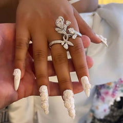 Vibeficant Progel White Handmade Gel Press on Nails Medium Stiletto 3D Relif Art Embossed with Flower