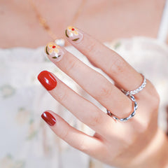 Vibeficant Glaze Red Press on Nails Short Squoval French Tip with Cute Flower