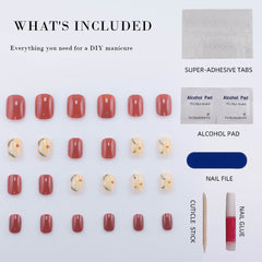 Vibeficant Glaze Red Press on Nails Short Squoval French Tip with Cute Flower