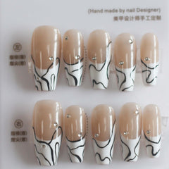 Vibeficant Progel French Swirl Zebra Handmade Gel Press on Nails Medium Coffin Rhinestone Design