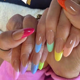 Vibeficant Progel Nude Handmade Gel Press on Nails Medium Almond Colorful French Tip Design
