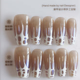 Vibeficant Progel Nude Handmade Gel Press on Nails Medium Coffin with White Pattern