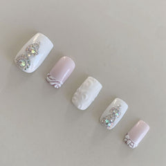 French Tip Handmade Gel Press on Nails Short Coffin Rhinestone Design