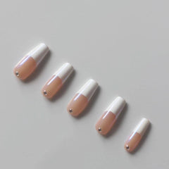 Pastel Handmade Gel Press on Nails Medium Coffin French Tip with Rhinestone Design