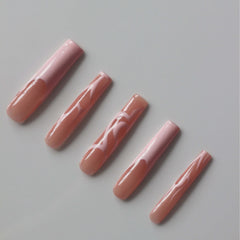 Vibeficant Progel Pink French Handmade Gel Press on Nails Extra Long Coffin Swirl Design