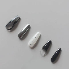 Vibeficant Progel Black French Handmade Gel Press on Nails Long Coffin Rhinestone Design