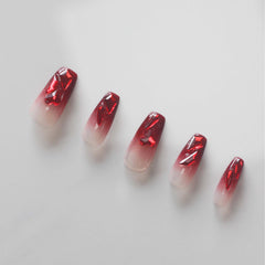 Vibeficant Progel Glitter Red Ombre Handmade Gel Press on Nails Medium Coffin Heart Rhinestone Design