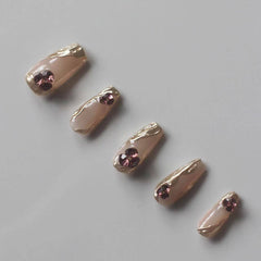 Vibeficant Progel Pastel Metal Handmade Gel Press on Nails Medium Coffin French Tip with Rhinestone Design