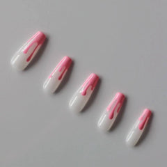 White Handmade Gel Press on Nails Medium Coffin with Pink Pattern Design