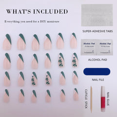 Vibeficant Glaze Nude Press on Nails Medium Almond French Tip with Green Clover