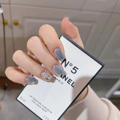 Vibeficant Glaze Blue Cat Eye Press on Nails Short Square Rhinestone Design
