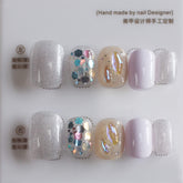 Vibeficant Progel Colorful Glitter Handmade Gel Press on Nails Short Squoval Rhinestone Design