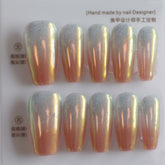 Vibeficant Progel Orange Cat Eye Ombre Handmade Gel Press on Nails Medium Coffin Glitter Design