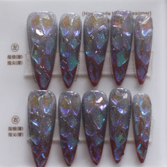 Vibeficant Progel Purple Glitter Handmade Gel Press on Nails Long Stiletto Rhinestone Design
