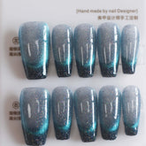 Vibeficant Progel Blue Cat Eye Ombre Handmade Gel Press on Nails Medium Coffin French Tip with Glitter