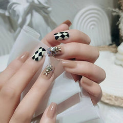 Vibeficant Glaze Nude Press on Nails Medium Square French Glitter with Rabbit Design