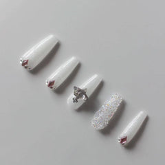 Vibeficant Progel White Glitter Handmade Gel Press on Nails Medium Coffin French Tip with 3D Heart Design