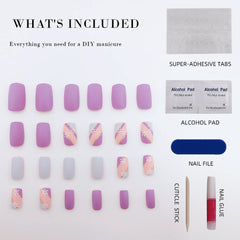 Vibeficant Glaze Lavender Press on Nails Medium Square Cute Flower with Gold Glitter Design