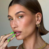 Vibeficant Progel Hailey Bieber Green Handmade Gel Press on Nails Medium Almond Gold Swirl Design