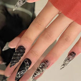 Vibeficant Progel Black Halo Dyeing Handmade Gel Press on Nails Long Stiletto Silver Star Badge Design