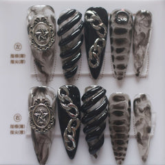 Vibeficant Progel Black Halo Dyeing Handmade Gel Press on Nails Long Stiletto Silver Star Badge Design