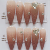 Vibeficant Progel Glitter Nude Ombre Handmade Gel Press on Nails Long Stiletto 3D Heart Design