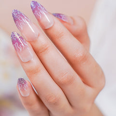 Vibeficant Glaze Purple Ombre Press on Nails Medium Almond French Tip with Glitter