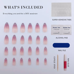 Vibeficant Glaze Purple Ombre Press on Nails Medium Almond French Tip with Glitter