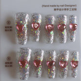 Bling Handmade Gel Press on Nails Medium Coffin 3D Pink Heart Glitter Design