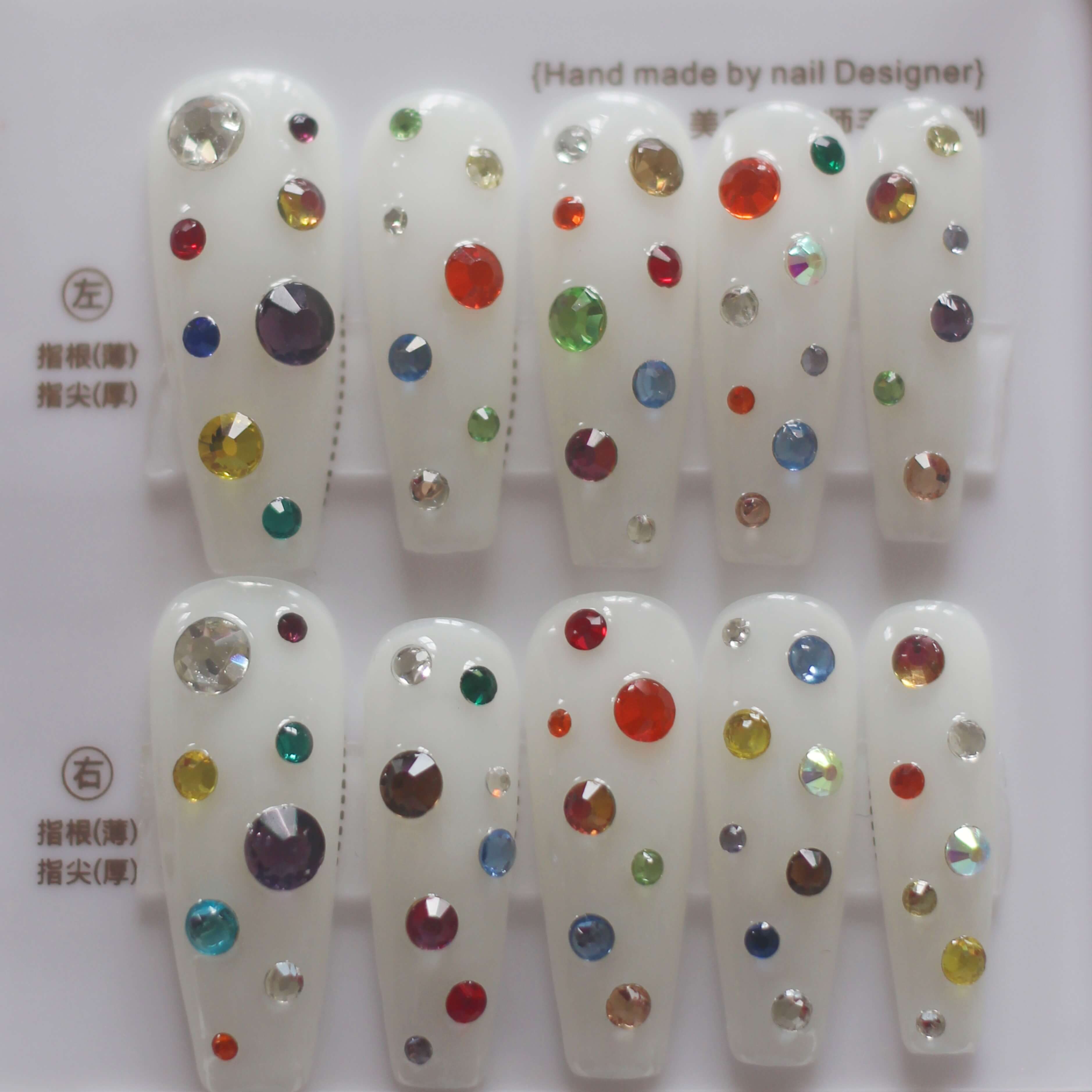 Vibeficant Progel White Handmade Gel Press on Nails Medium Coffin Colorful Rhinestone Design