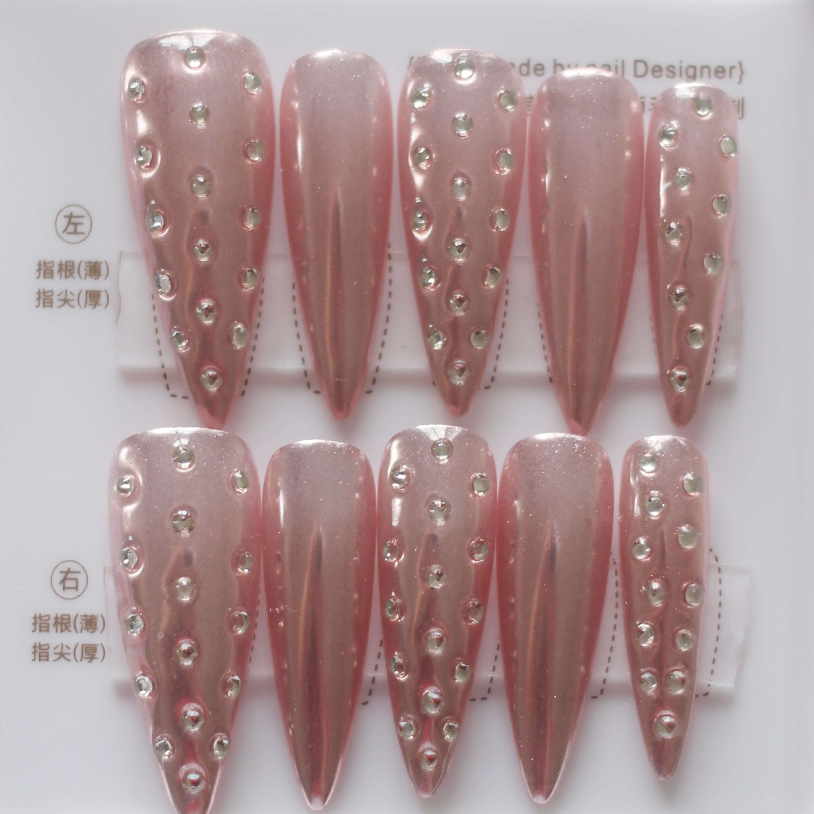 Vibeficant Progel Pink Glitter Handmade Gel Press on Nails Long Stiletto Rhinestone Design