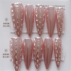 Vibeficant Progel Pink Glitter Handmade Gel Press on Nails Long Stiletto Rhinestone Design