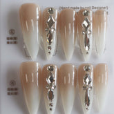 Vibeficant Progel Nude Ombre Handmade Gel Press on Nails Long Stiletto Rhinestone Design