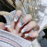 Vibeficant Glaze French Tip Press on Nails Medium Coffin Glitter with Rhinestone Design