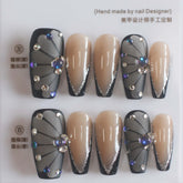 Vibeficant Progel French Glitter Handmade Gel Press on Nails Medium Coffin Rhinestone Design