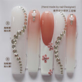 Vibeficant Progel Pink Ombre Handmade Gel Press on Nails Extra Long Coffin Rhinestone with Flower