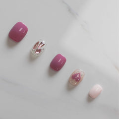 Vibeficant Progel Glitter Purple Handmade Gel Press on Nails Short Squoval Heart Design