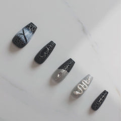 Vibeficant Progel Glitter Handmade Gel Press on Nails Medium Coffin Silver 3D Snake