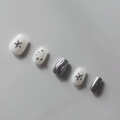 Vibeficant Progel Glitter Handmade Gel Press on Nails Short Coffin Silver Star Design