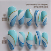 Vibeficant Progel Blue French Tip Handmade Gel Press on Nails Medium Almond Swirl Design