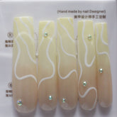 Vibeficant Progel Yellow Ombre Handmade Gel Press on Nails Extra Long Coffin Swirl with Rhinestone Design