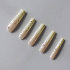 Vibeficant Progel Yellow Ombre Handmade Gel Press on Nails Extra Long Coffin Swirl with Rhinestone Design